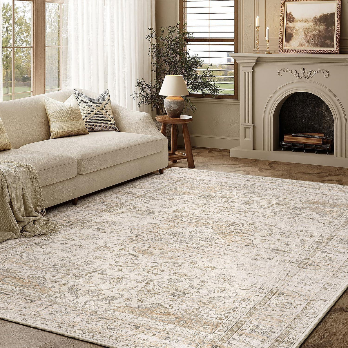 Vintage Teppich 140x200cm Beige – Waschbar & Rutschfest
