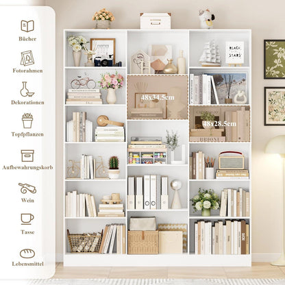 Bücherregal 188 cm mit 17 Fächern – Weißes Standregal für Wohnzimmer