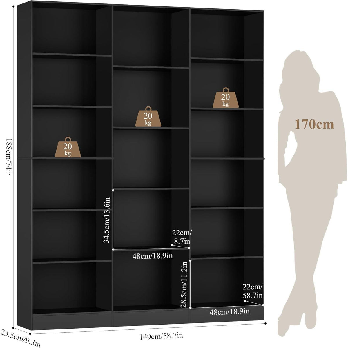 Bücherregal 188 cm mit 17 Fächern – Standregal für Wohnzimmer & Büro