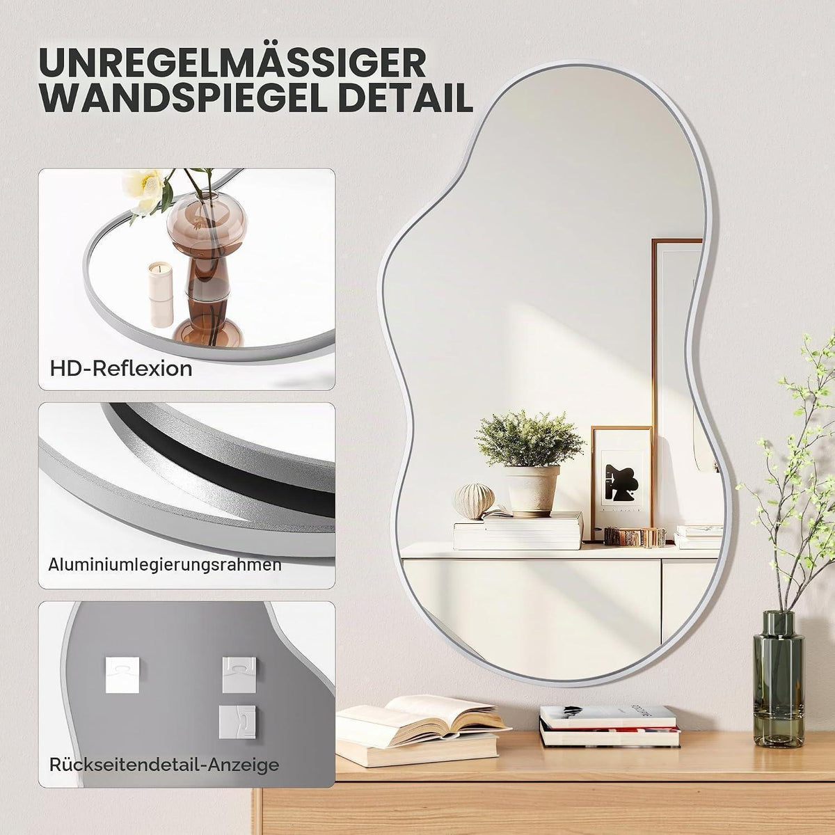 Asymmetrischer Wandspiegel 66x116cm – Dekorativer Silberrahmen Spiegel