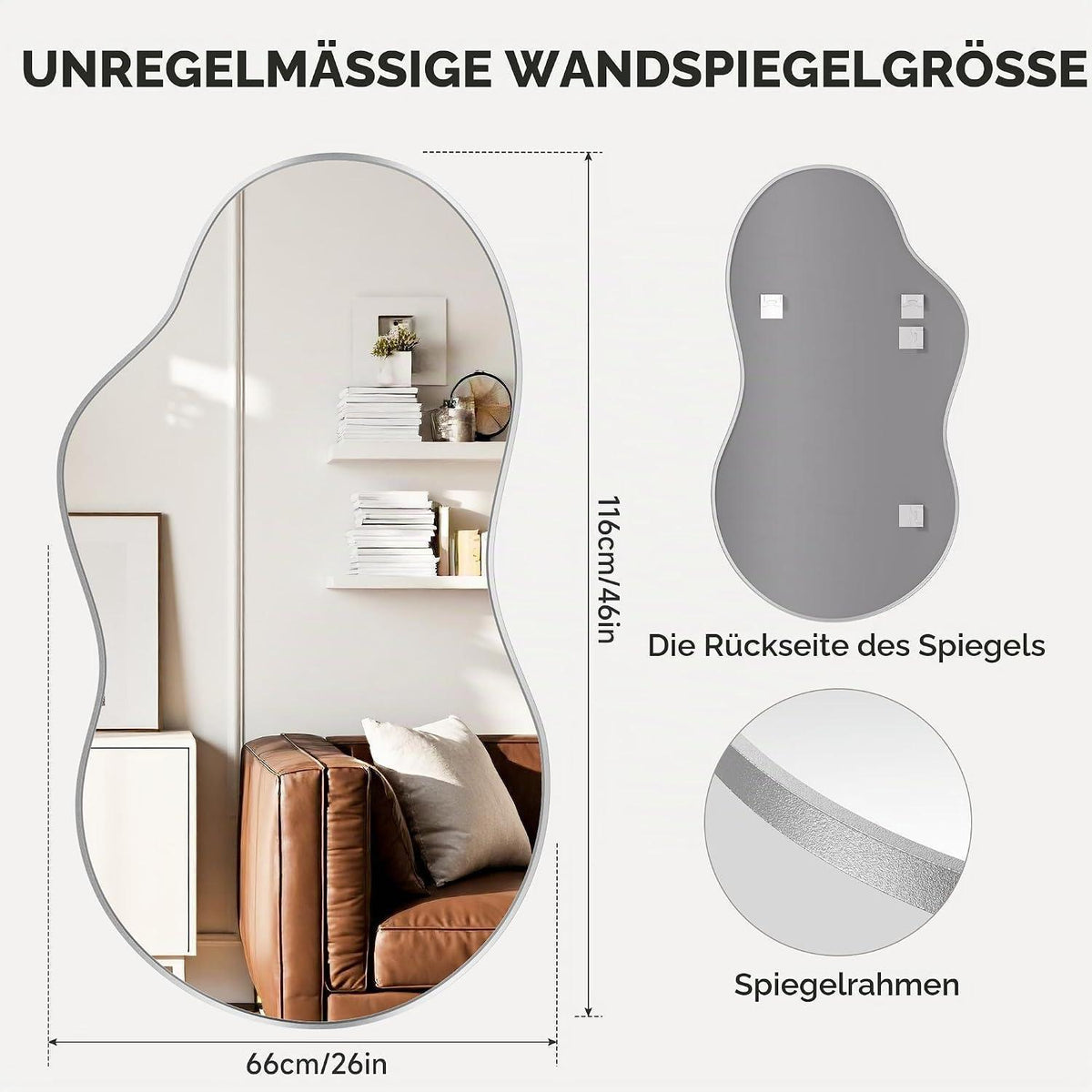 Asymmetrischer Wandspiegel 66x116cm – Dekorativer Silberrahmen Spiegel