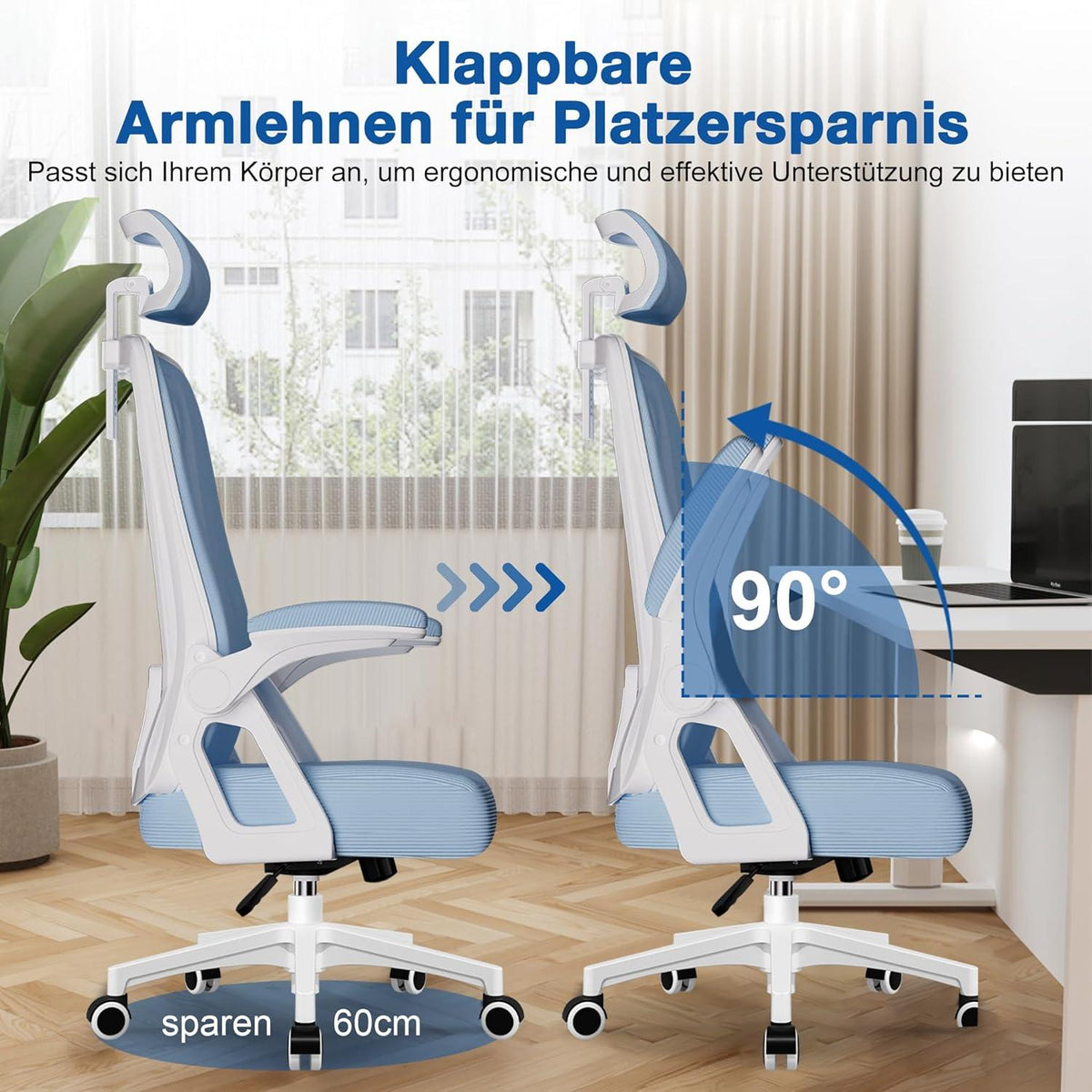 Ergonomischer Bürostuhl mit Wippfunktion und verstellbarer Lordosenstütze, Blau