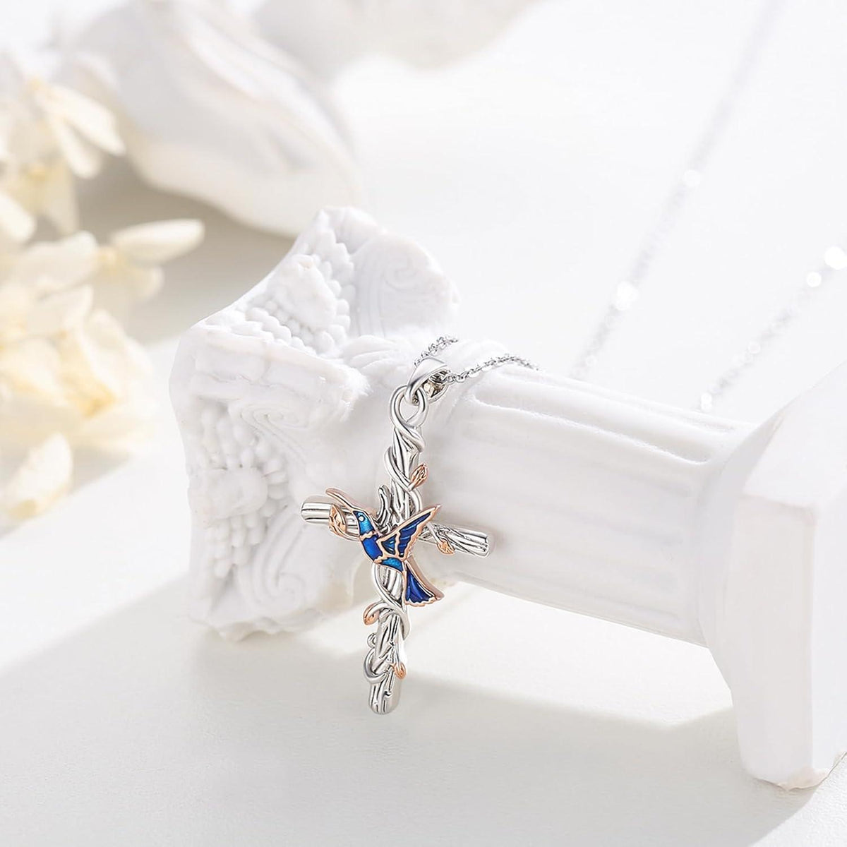 Sterling Silber Tier Halskette mit Kolibri & Blume, Geschenk für Damen