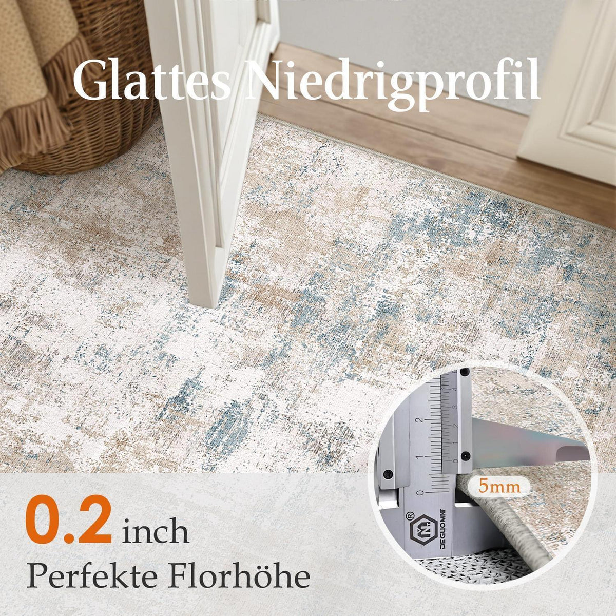 Beiger & Blauer Teppich 240x300cm – Waschbar & Rutschfest
