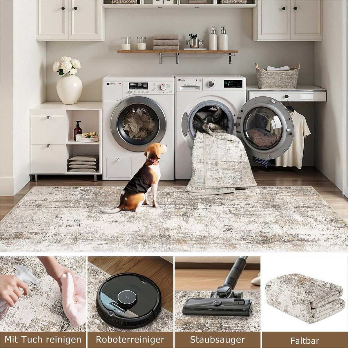 Braun-Grauer Teppich Wohnzimmer 150x210cm – Waschbar & Rutschfest