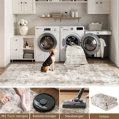 Braun-Grauer Teppich Wohnzimmer 150x210cm – Waschbar & Rutschfest
