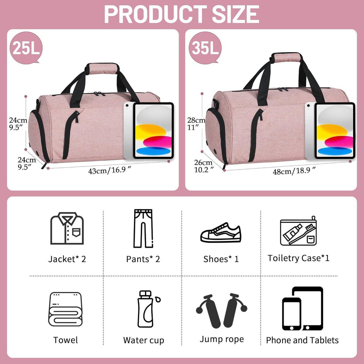 Sporttasche 35L mit Schuhfach & Nassfach, Rosa