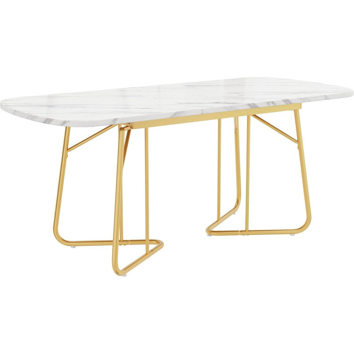 Weißer Esstisch mit Marmoroptik & Goldbeinen, 140/180cm