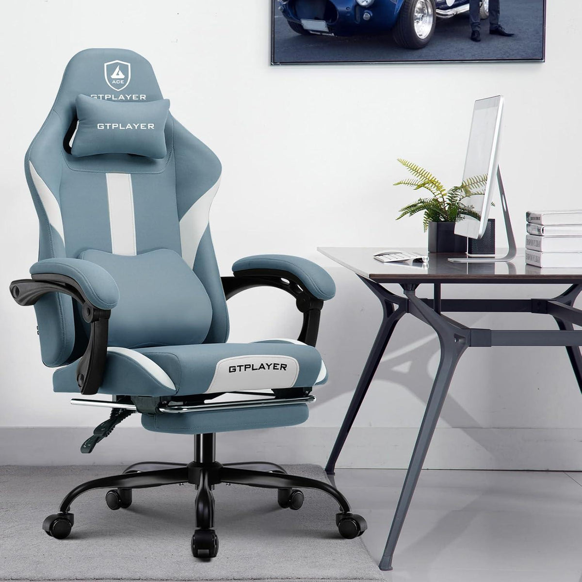 Gaming Stuhl Stoff mit Fußstütze und Taschenfederkissen