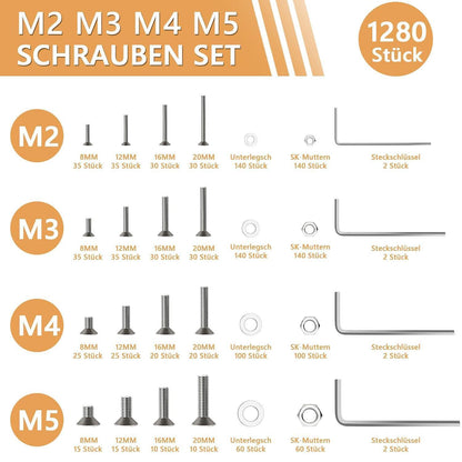 1280tlg. M2-M5 Senkkopfschrauben Set Edelstahl A2 mit Muttern & Unterlegscheiben