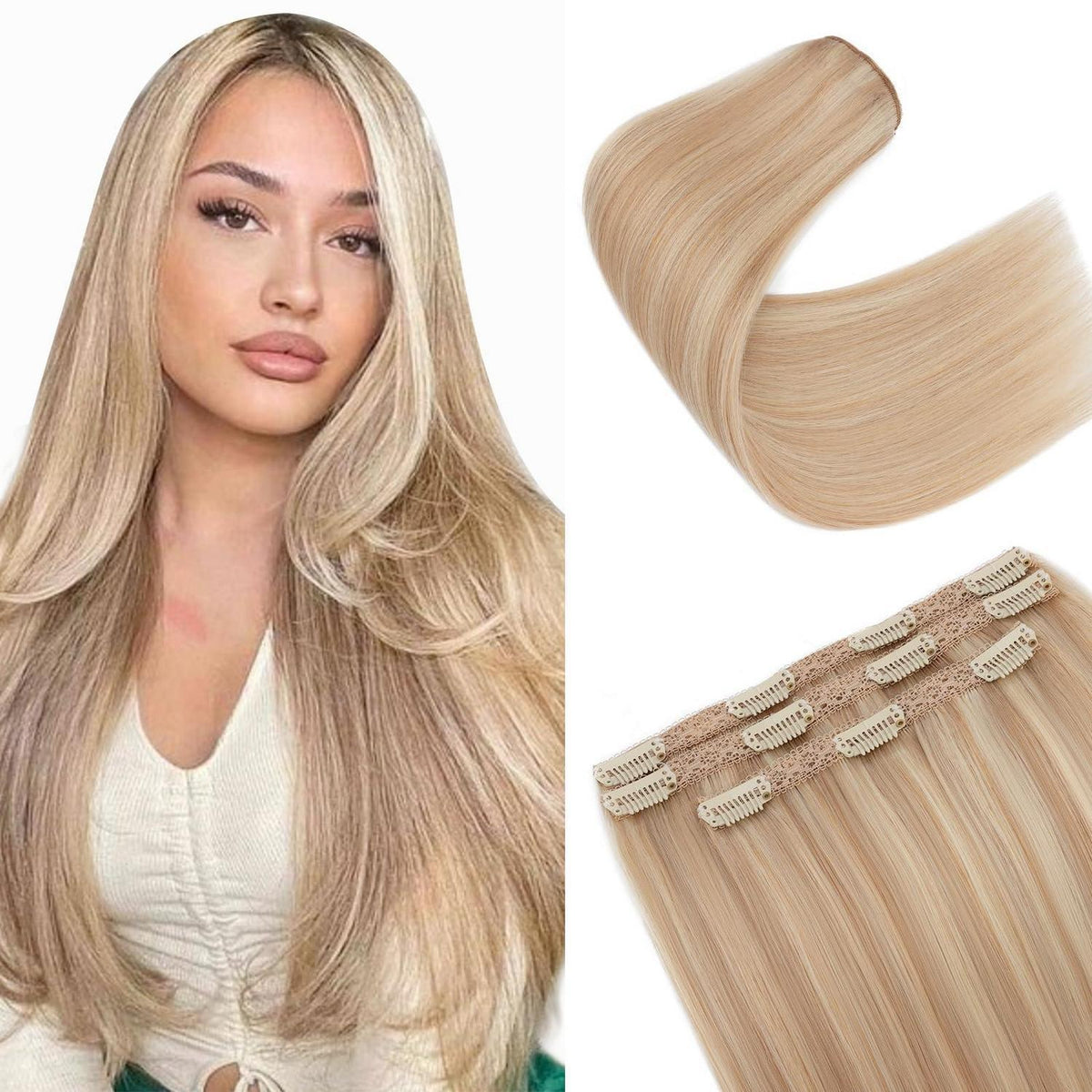 Clip-in Haarverlängerung Aschblond & Blond 45cm Echthaar