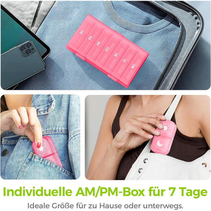 Tablettenbox 7 Tage Morgens Abends, feuchtigkeitsbeständig, Rosa