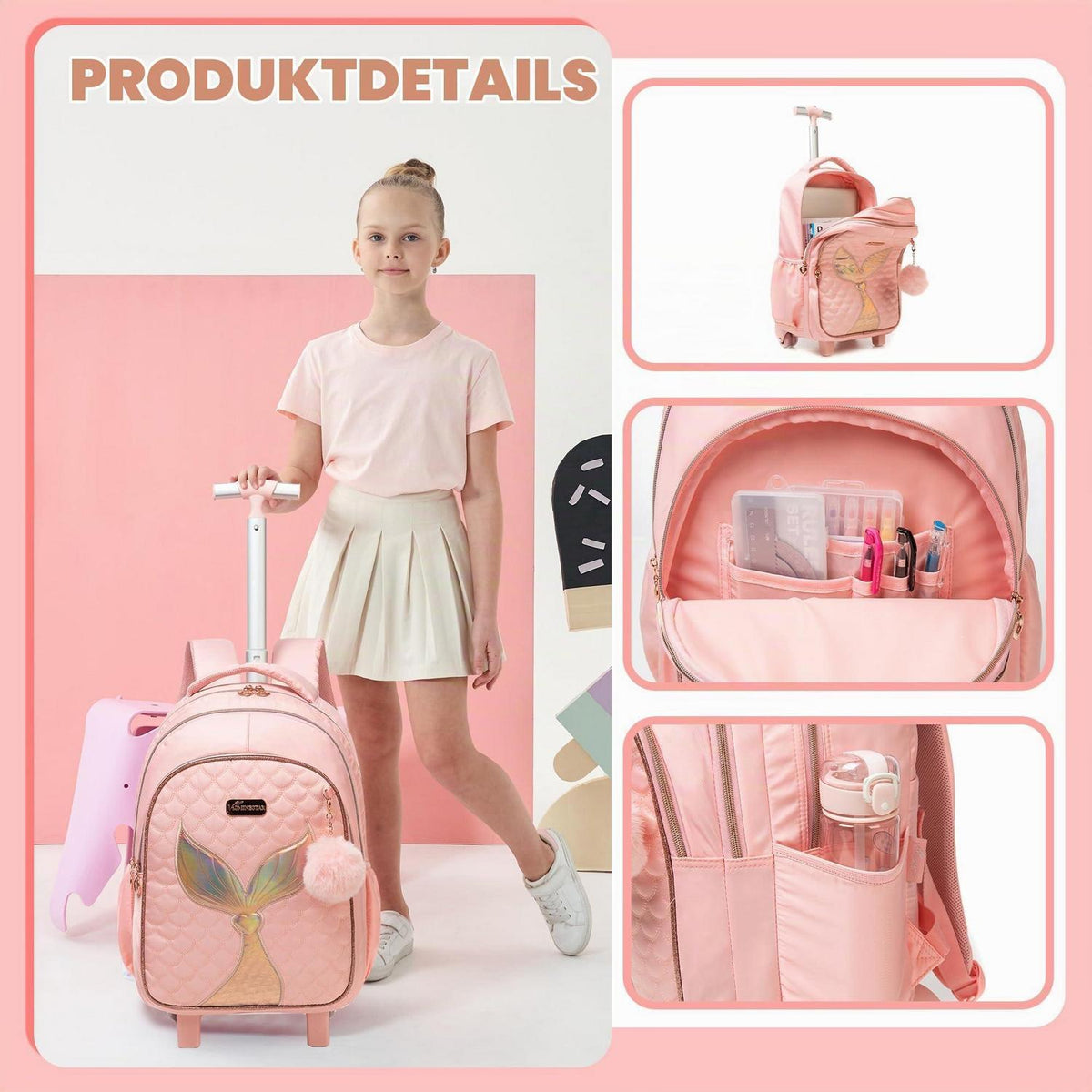 Schultrolley Mädchen Set Rosa mit Rucksack & Lunchtasche