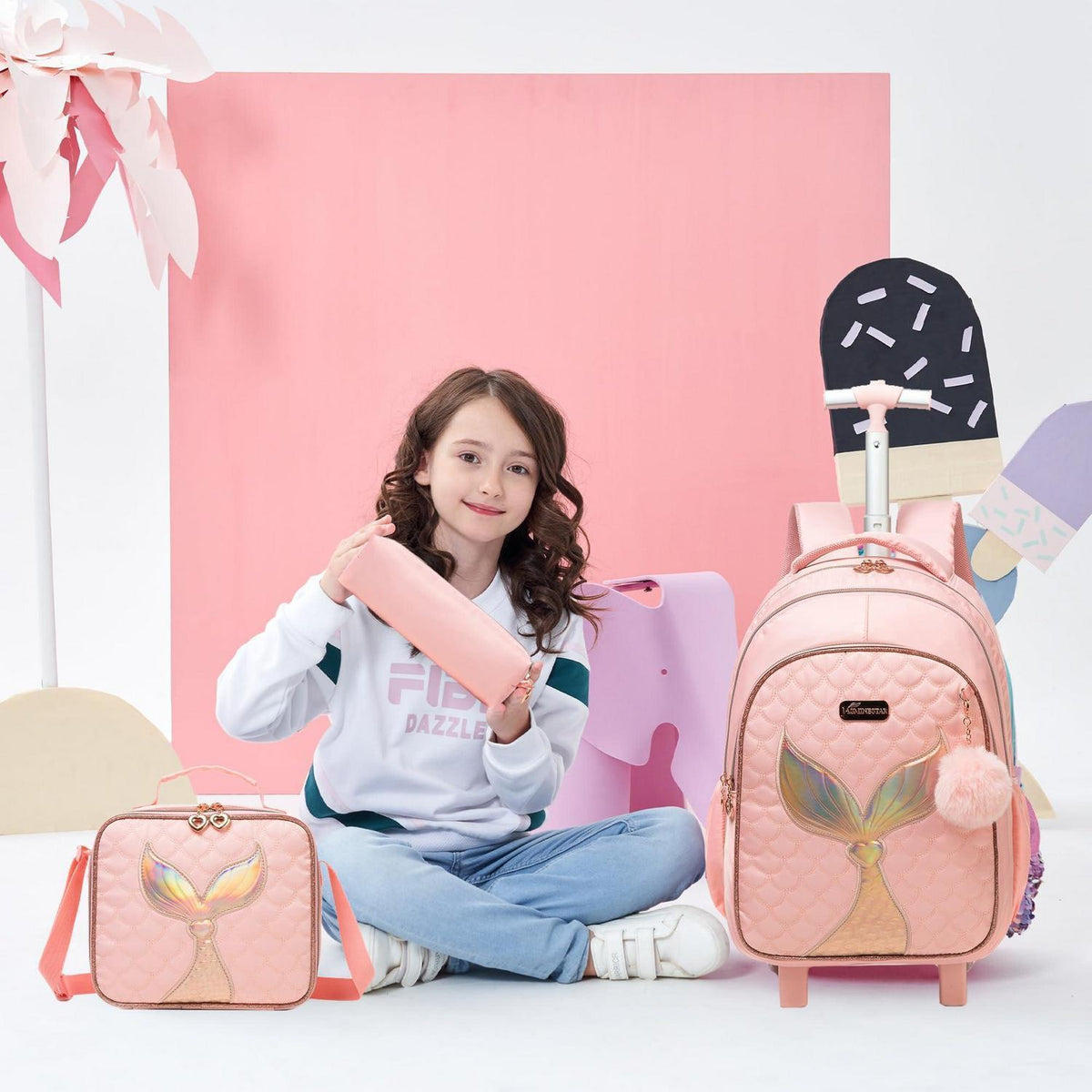Schultrolley Mädchen Set Rosa mit Rucksack & Lunchtasche