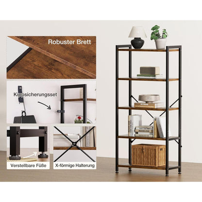 5-Etagen Bücherregal Braun – Stehendes Regal für Büro & Wohnzimmer