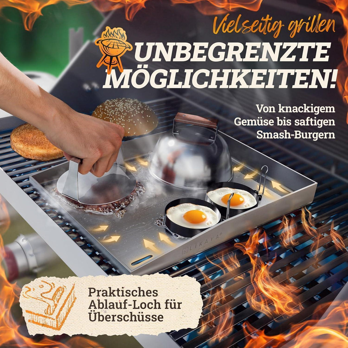 Edelstahl Plancha Grillplatte 40x40cm mit Burger Master Set
