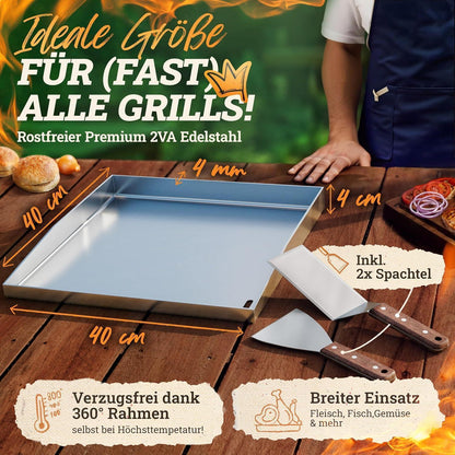 Edelstahl Plancha Grillplatte 40x40cm mit Burger Smasher Set