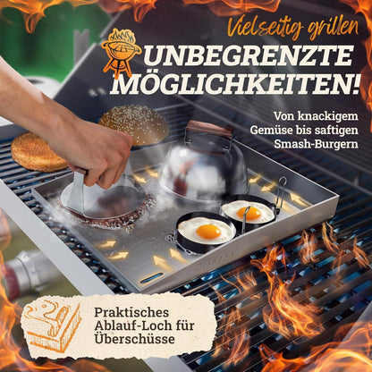 Edelstahl Plancha Grillplatte 40x40cm mit Burger Smasher Set
