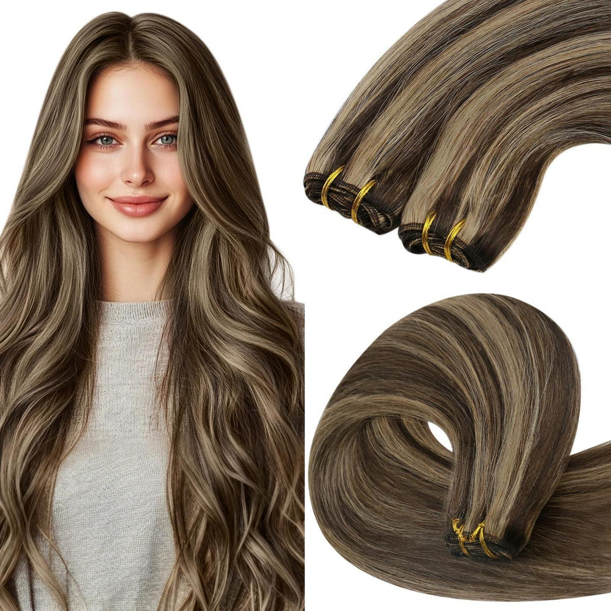 Echthaar Tressen Dunkelbraun mit Blond Highlights (50cm, 100g)