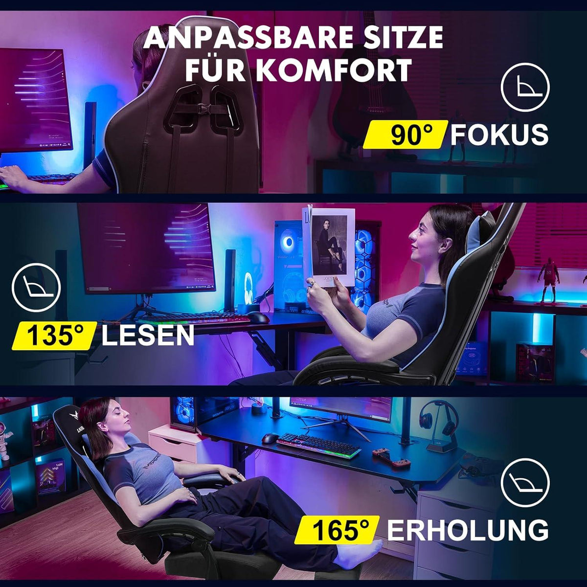 LUCKRACER Gaming Stuhl mit Fußstütze Ergonomisch Lenden & Kopfkissen Blau