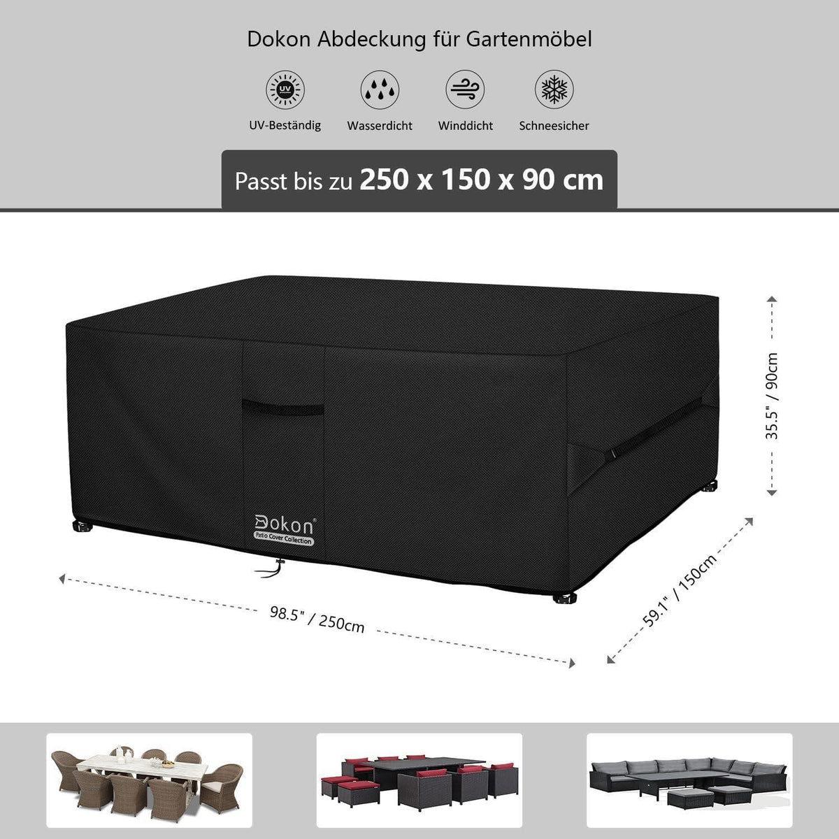 Wasserdichte Gartenmöbel Abdeckung 250x150x90cm mit Belüftung