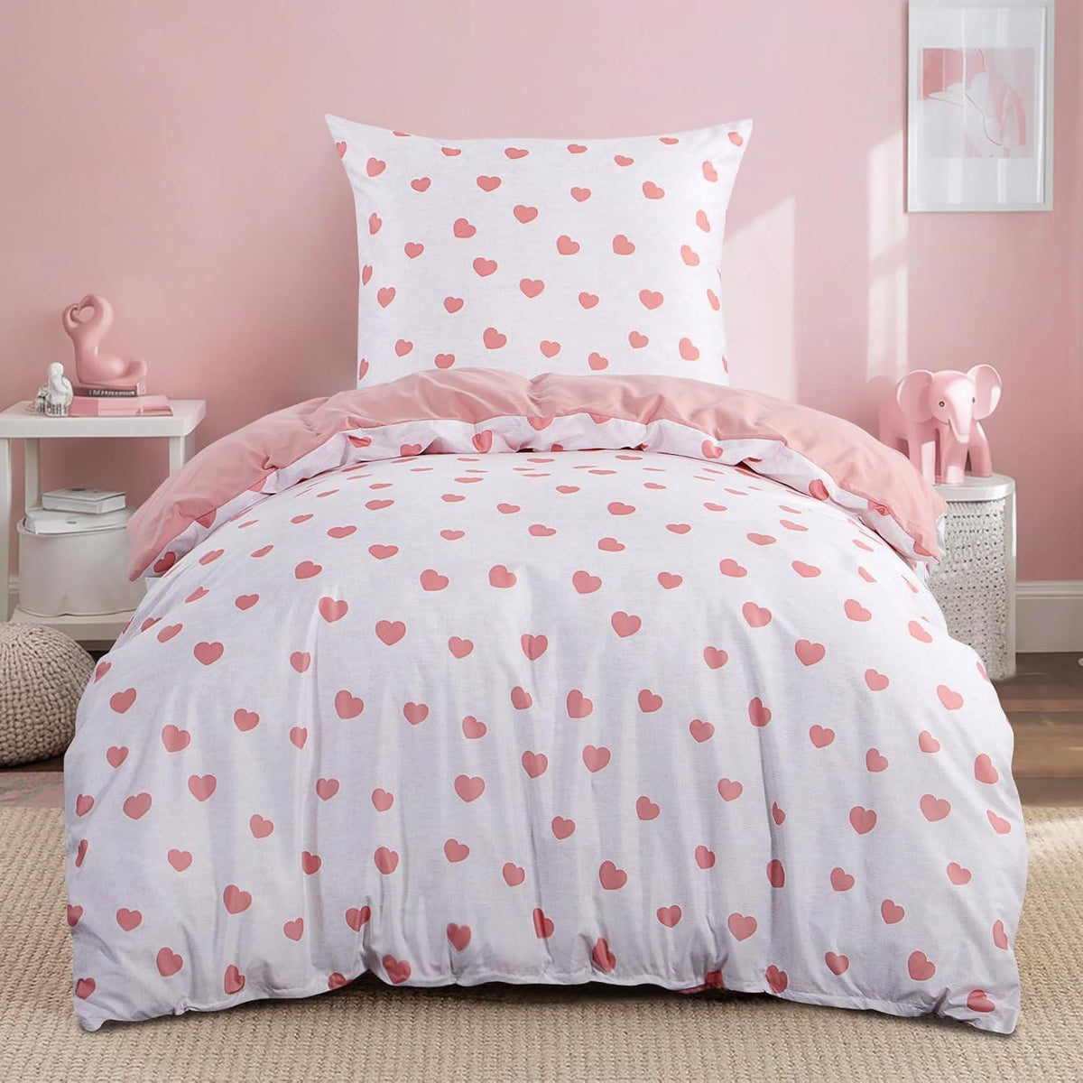 Bettwäsche-Set 135x200cm Rosa mit Herzen, 2-teilig, Mikrofaser