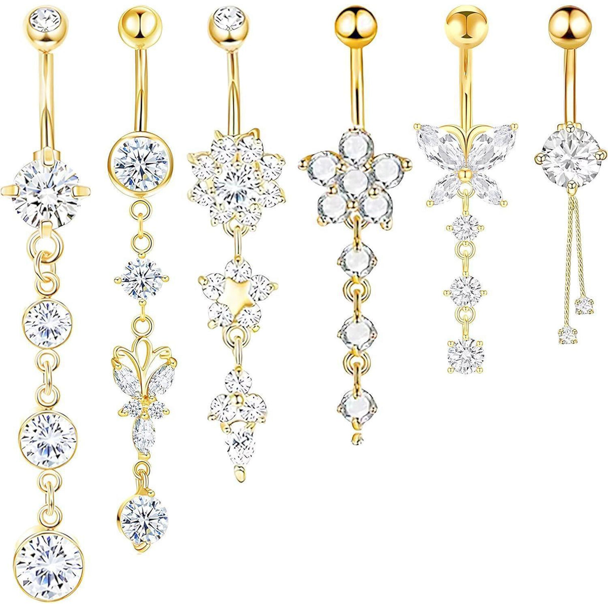 Bauchnabelpiercing Set 6x Schmetterling Hängend Gold Chirurgenstahl Wasserfest