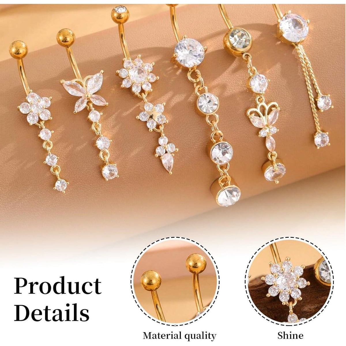 Bauchnabelpiercing Set 6x Schmetterling Hängend Gold Chirurgenstahl Wasserfest