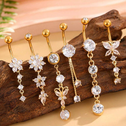 Bauchnabelpiercing Set 6x Schmetterling Hängend Gold Chirurgenstahl Wasserfest