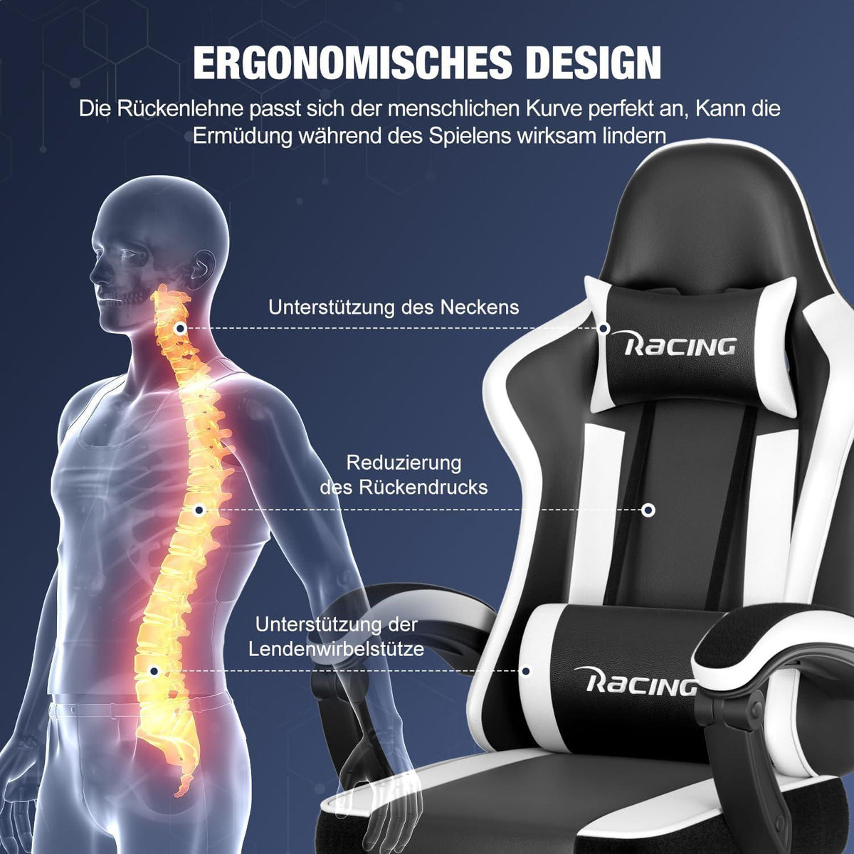 Ergonomischer Gaming Stuhl mit Fußstütze und Belastbarkeit bis
