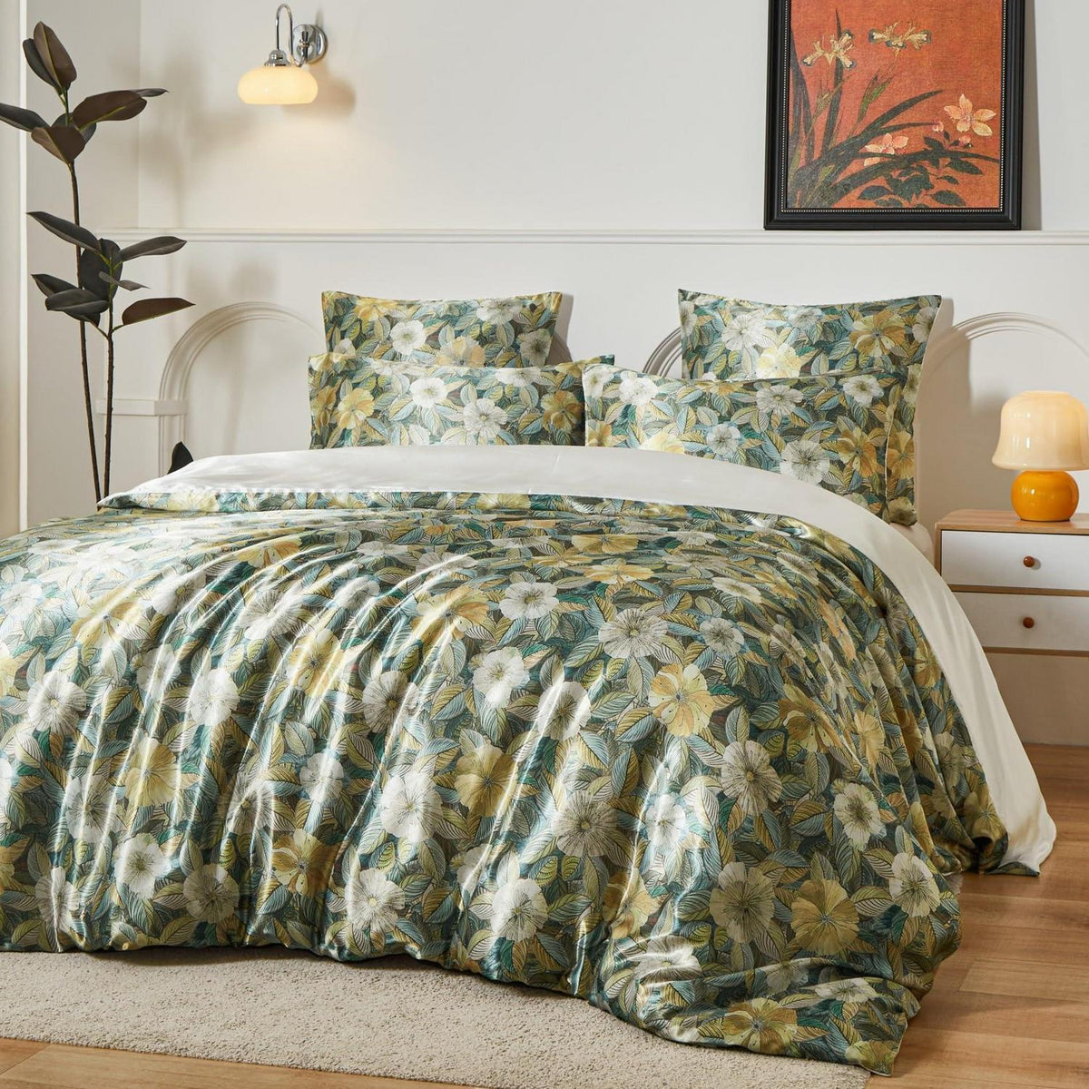 Satin Bettwäsche Set 135x200 Blumen Blätter Deluxe