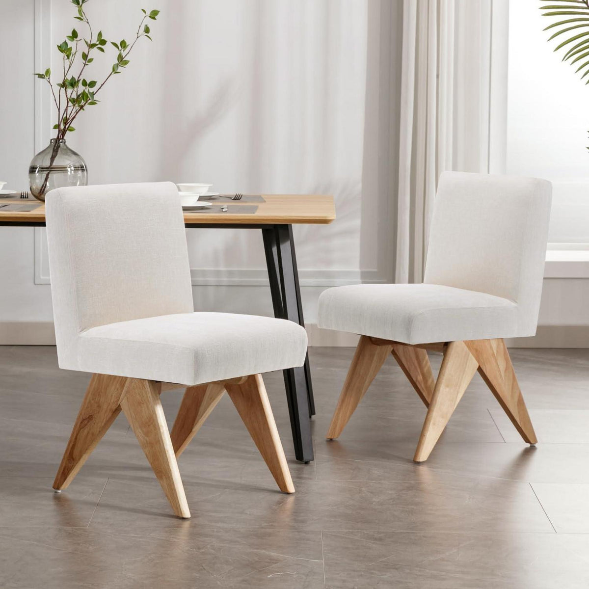 Vintage Küchenstühle 2er Set Beige - Chenille Polsterstühle