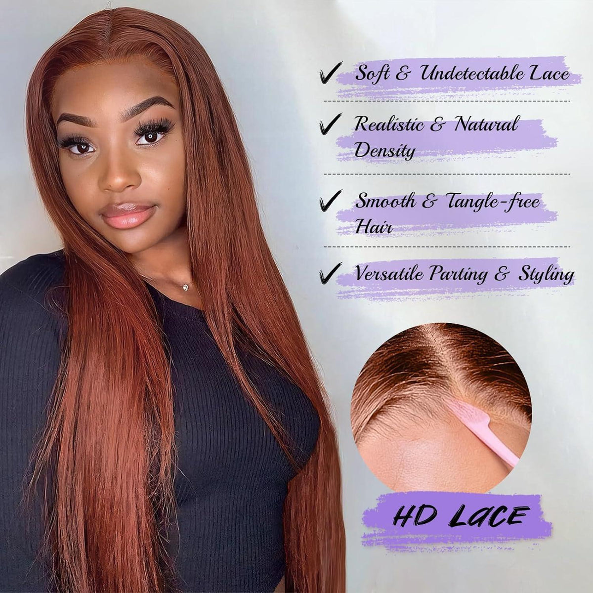 Kupferbraune Lace Front Perücke – Lange, Glatte Synthetik Perücke 75cm