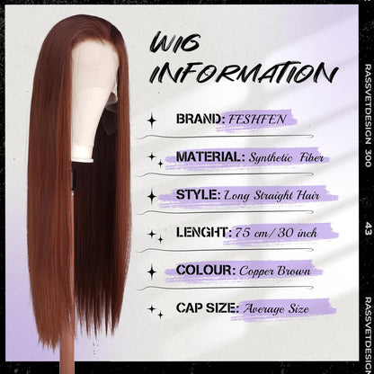 Kupferbraune Lace Front Perücke – Lange, Glatte Synthetik Perücke 75cm