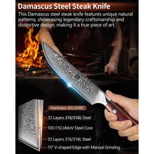4-teiliges Steakmesser Set aus Damaststahl mit Rosenholzgriff