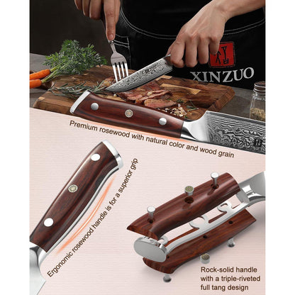 4-teiliges Steakmesser Set aus Damaststahl mit Rosenholzgriff