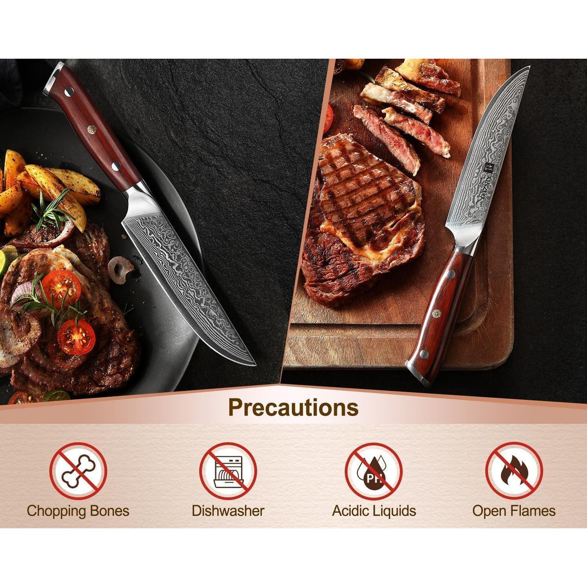 4-teiliges Steakmesser Set aus Damaststahl mit Rosenholzgriff