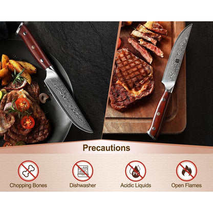 4-teiliges Steakmesser Set aus Damaststahl mit Rosenholzgriff