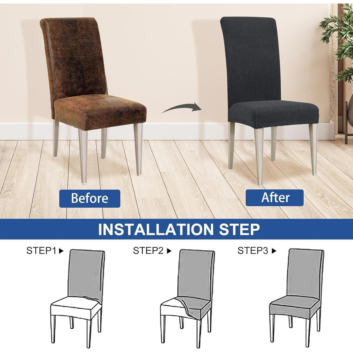 Stretch Stuhlhussen Set Dunkelgrau - 6er Pack für Küche & Party