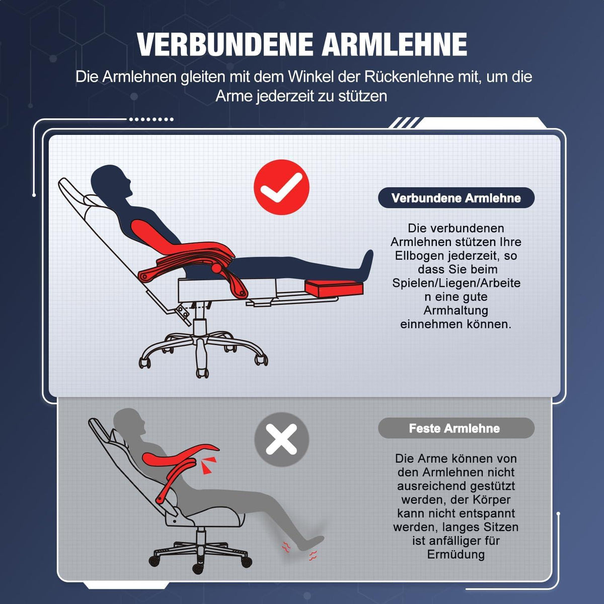 Ergonomischer Gaming Stuhl mit verstellbaren Kissen und Fußstütze, bis 150kg Belastbarkeit