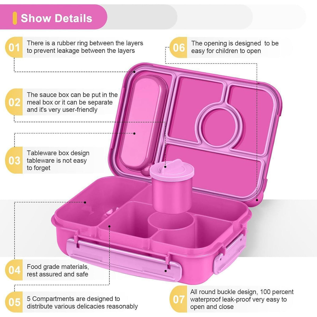 Bento Box mit 5 Fächern & Soßenbehälter – Lunchbox 1300ml