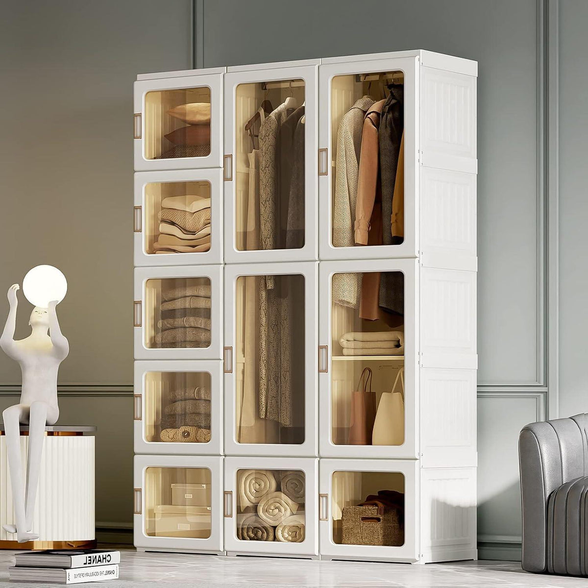 Faltbarer Kleiderschrank mit Stange & Magnettüren – Weiß