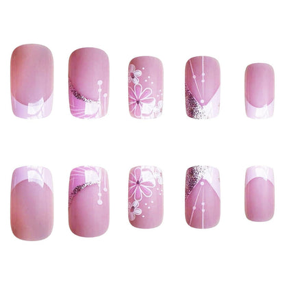 24 Press On Nails Rosa Blumen – Kurze Square Falsch Nägel