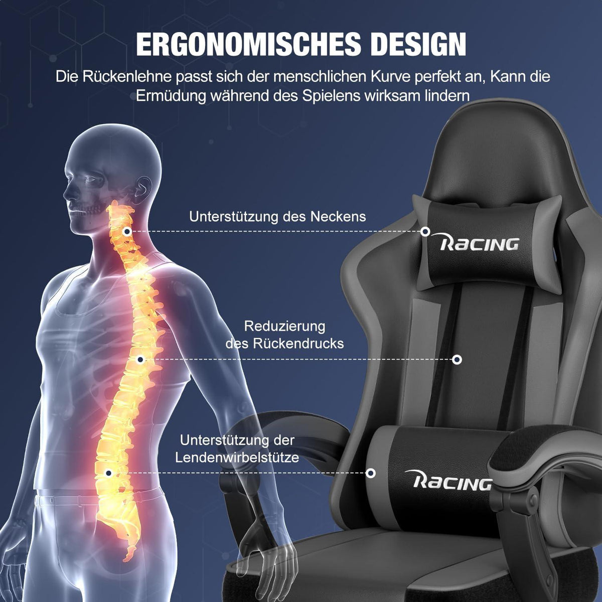 Ergonomischer Gaming Stuhl mit verstellbaren Kissen und Fußstütze, Grau