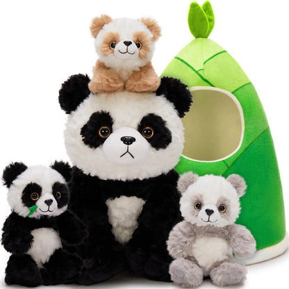 Panda Kuscheltier Set mit Bambus Tasche – 4er Pack XXL