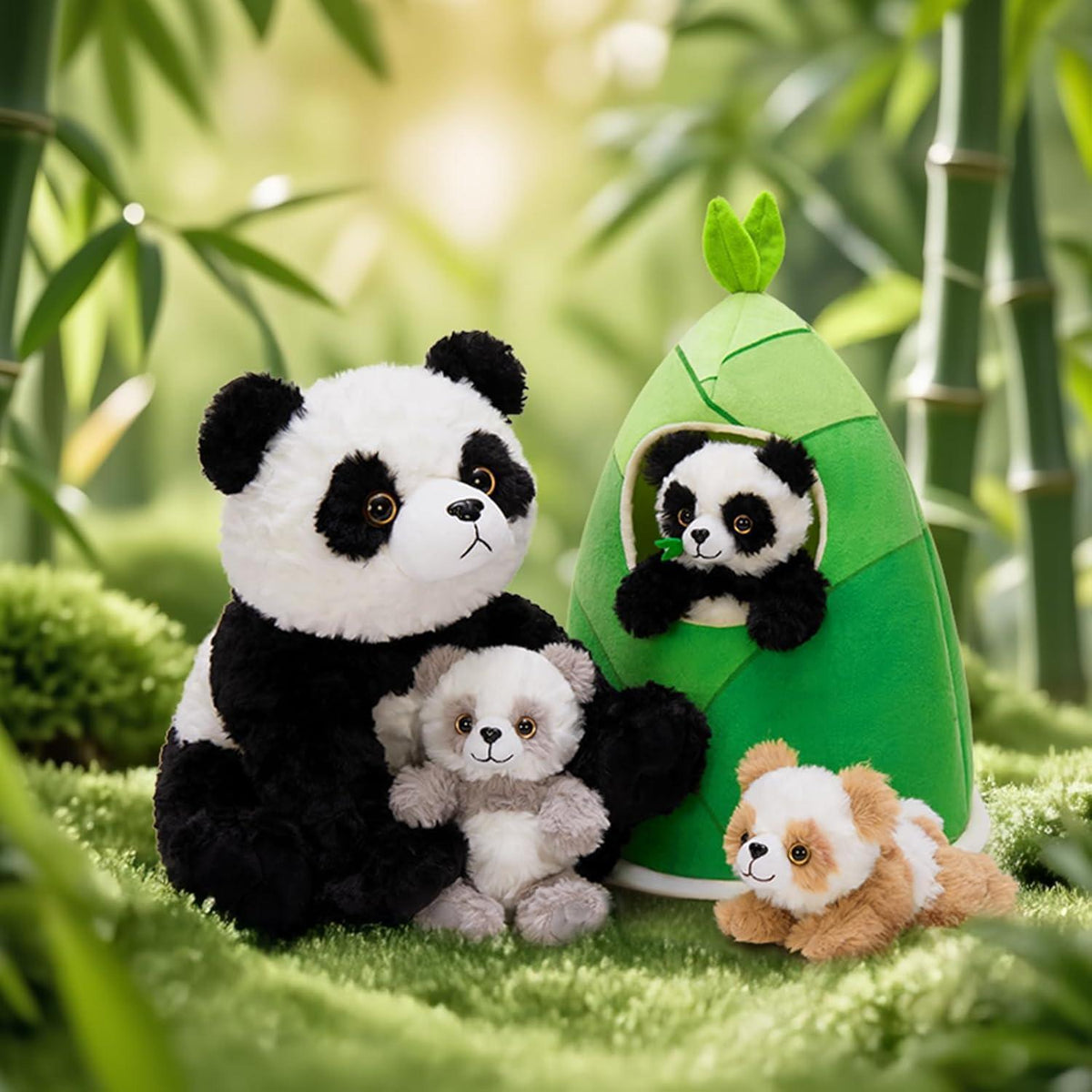 Panda Kuscheltier Set mit Bambus Tasche – 4er Pack XXL