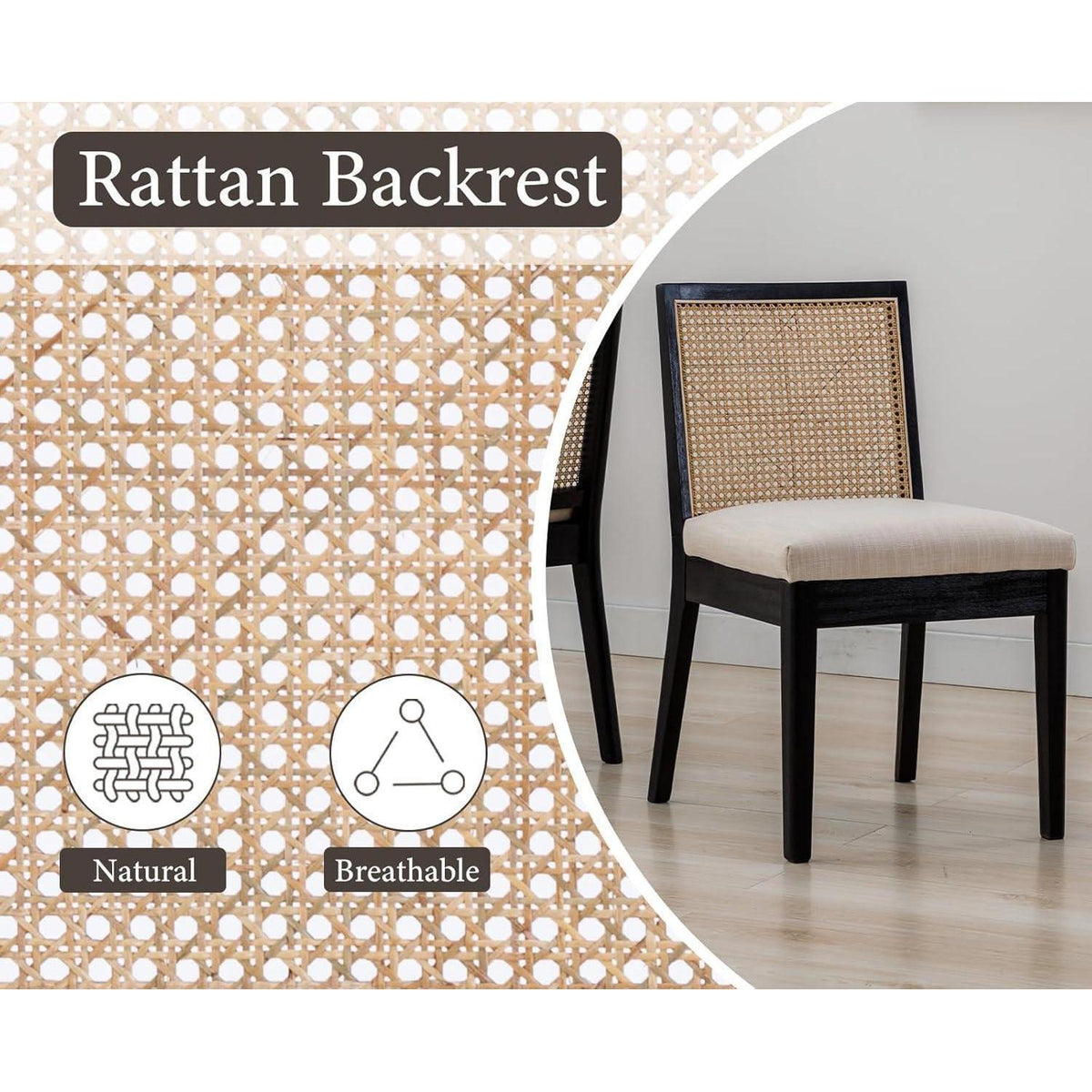 Esszimmerstühle 2er Set Leinen & Rattan Vintage Schwarz