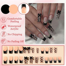 24 Schwarz French Press on Nails Lang mit Schleifen & Strass