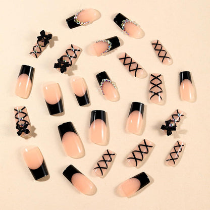 24 Schwarz French Press on Nails Lang mit Schleifen & Strass
