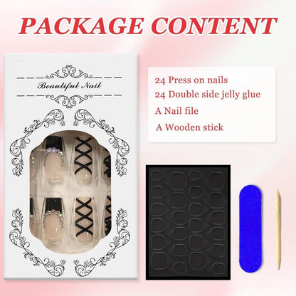 24 Schwarz French Press on Nails Lang mit Schleifen & Strass